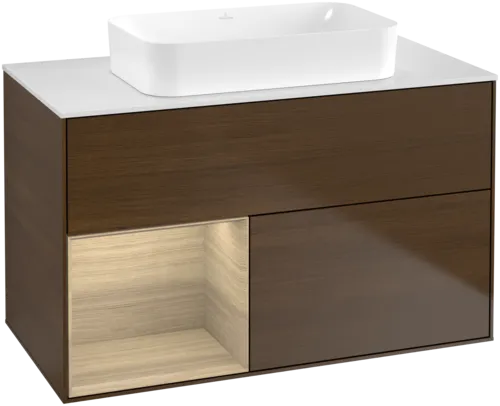 VILLEROY BOCH Umyvadlová skříňka Finion, s osvětlením, 2 výsuvy, 1000 x 603 x 501 mm, ořechová dýha / dubová dýha / sklo bílé matné #F651PCGN