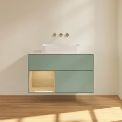 VILLEROY BOCH Toaletní skříňka Finion, s osvětlením, 2 výsuvy, 1000 x 603 x 501 mm, olivový matný lak / dubová dýha / sklo bílé matné #F651PCGM, obrázek 3