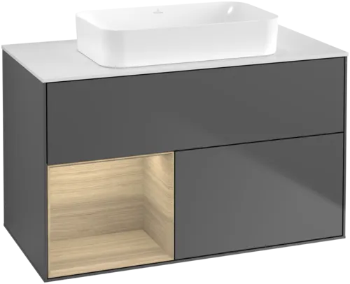 VILLEROY BOCH Toaletní skříňka Finion, s osvětlením, 2 výsuvy, 1000 x 603 x 501 mm, antracit matný lak / dubová dýha / sklo bílé matné #F651PCGK