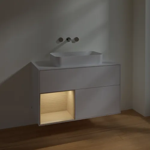 VILLEROY BOCH Toaletní skříňka Finion, s osvětlením, 2 výsuvy, 1000 x 603 x 501 mm, lesklý bílý lak / dubová dýha / sklo bílé matné #F651PCGF, obrázek 5