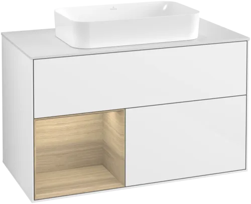 VILLEROY BOCH Toaletní skříňka Finion, s osvětlením, 2 výsuvy, 1000 x 603 x 501 mm, lesklý bílý lak / dubová dýha / sklo bílé matné #F651PCGF