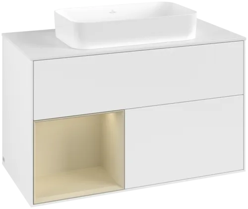 VILLEROY BOCH Toaletní skříňka Finion, s osvětlením, 2 výsuvy, 1000 x 603 x 501 mm, bílý matný lak / hedvábně šedý matný lak / bílé matné sklo #F651HJMT