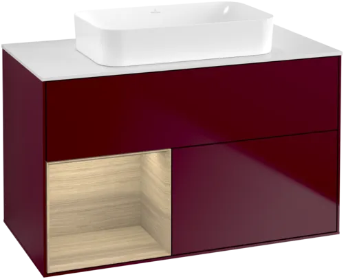 VILLEROY BOCH Toaletní skříňka Finion, s osvětlením, 2 výsuvy, 1000 x 603 x 501 mm, matný lak Peony / dubová dýha / bílé matné sklo #F651PCHB