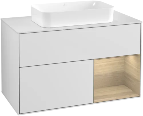 VILLEROY BOCH Toaletní skříňka Finion, s osvětlením, 2 výsuvy, 1000 x 603 x 501 mm, bílý matný lak / dubová dýha / sklo bílé matné #F661PCMT