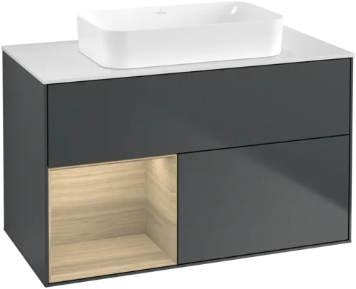 VILLEROY BOCH Toaletní skříňka Finion, s osvětlením, 2 výsuvy, 1000 x 603 x 501 mm, Midnight Blue Matt Lacquer / Oak Veneer / Glass White Matt #F651PCHG