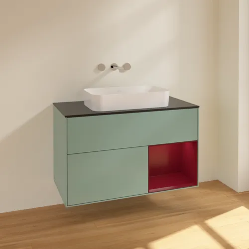 VILLEROY BOCH Toaletní skříňka Finion, s osvětlením, 2 výsuvy, 1000 x 603 x 501 mm, olivový matný lak / pivoňkový matný lak / černé matné sklo #F662HBGM, obrázek 2