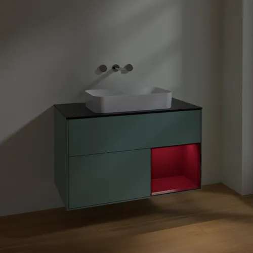 VILLEROY BOCH Toaletní skříňka Finion, s osvětlením, 2 výsuvy, 1000 x 603 x 501 mm, olivový matný lak / pivoňkový matný lak / černé matné sklo #F662HBGM, obrázek 5