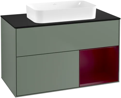 VILLEROY BOCH Toaletní skříňka Finion, s osvětlením, 2 výsuvy, 1000 x 603 x 501 mm, olivový matný lak / pivoňkový matný lak / černé matné sklo #F662HBGM