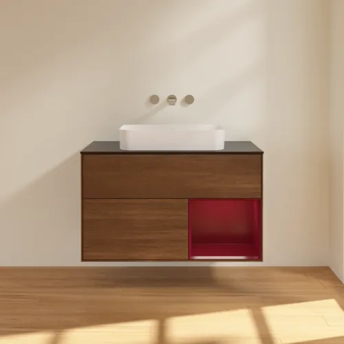 VILLEROY BOCH Toaletní skříňka Finion, s osvětlením, 2 výsuvy, 1000 x 603 x 501 mm, ořechová dýha / matný lak Pivoňka / černé matné sklo #F662HBGN, obrázek 3