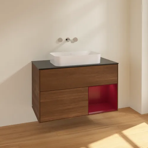 VILLEROY BOCH Toaletní skříňka Finion, s osvětlením, 2 výsuvy, 1000 x 603 x 501 mm, ořechová dýha / matný lak Pivoňka / černé matné sklo #F662HBGN, obrázek 2