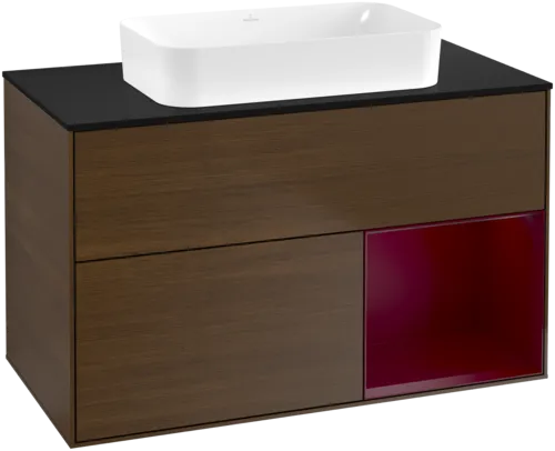VILLEROY BOCH Toaletní skříňka Finion, s osvětlením, 2 výsuvy, 1000 x 603 x 501 mm, ořechová dýha / matný lak Pivoňka / černé matné sklo #F662HBGN