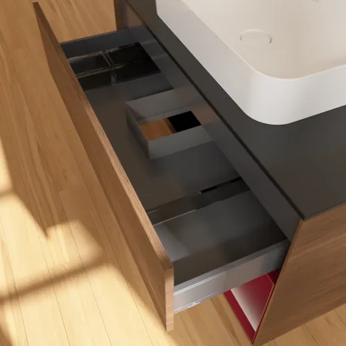 VILLEROY BOCH Toaletní skříňka Finion, s osvětlením, 2 výsuvy, 1000 x 603 x 501 mm, ořechová dýha / matný lak Pivoňka / černé matné sklo #F662HBGN, obrázek 8