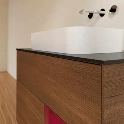 VILLEROY BOCH Toaletní skříňka Finion, s osvětlením, 2 výsuvy, 1000 x 603 x 501 mm, ořechová dýha / matný lak Pivoňka / černé matné sklo #F662HBGN, obrázek 6