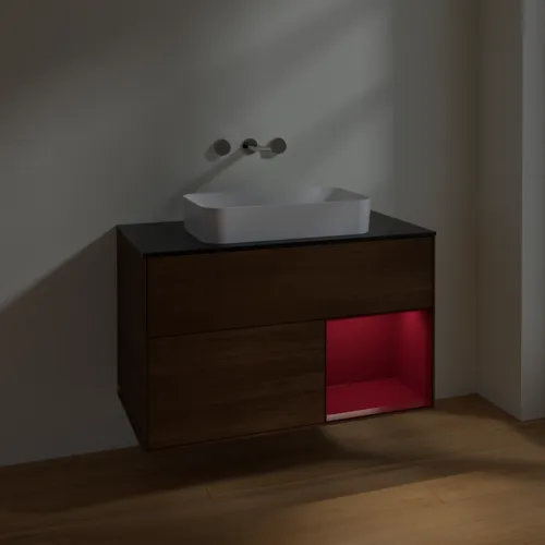 VILLEROY BOCH Toaletní skříňka Finion, s osvětlením, 2 výsuvy, 1000 x 603 x 501 mm, ořechová dýha / matný lak Pivoňka / černé matné sklo #F662HBGN, obrázek 5