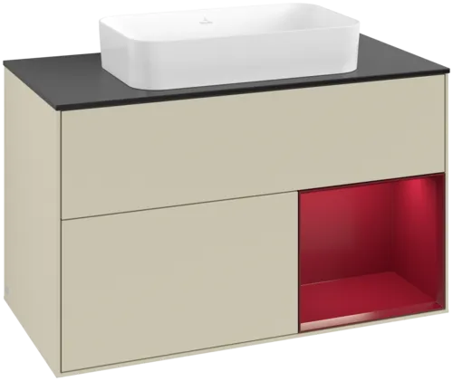 VILLEROY BOCH Toaletní skříňka Finion, s osvětlením, 2 výsuvy, 1000 x 603 x 501 mm, Silk Grey Matt Lacquer / Peony Matt Lacquer / Glass Black Matt #F662HBHJ