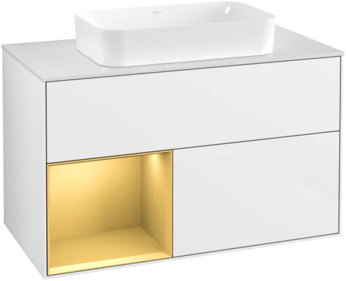VILLEROY BOCH Toaletní skříňka Finion, s osvětlením, 2 výsuvy, 1000 x 603 x 501 mm, lesklý bílý lak / zlatý matný lak / bílé matné sklo #F651HFGF