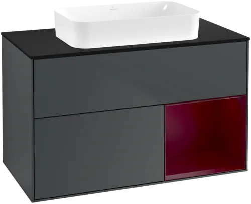 VILLEROY BOCH Toaletní skříňka Finion, s osvětlením, 2 výsuvy, 1000 x 603 x 501 mm, Midnight Blue Matt Lacquer / Peony Matt Lacquer / Glass Black Matt #F662HBHG