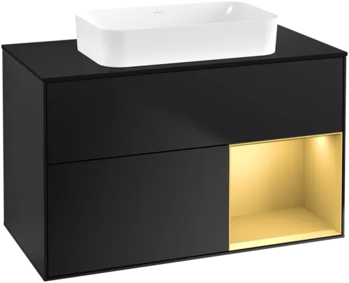 VILLEROY BOCH Toaletní skříňka Finion, s osvětlením, 2 výsuvy, 1000 x 603 x 501 mm, černý matný lak / zlatý matný lak / černé matné sklo #F662HFPD