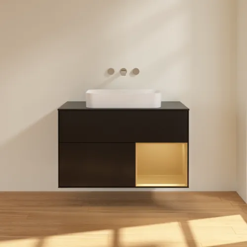 VILLEROY BOCH Toaletní skříňka Finion, s osvětlením, 2 výsuvy, 1000 x 603 x 501 mm, černý matný lak / zlatý matný lak / černé matné sklo #F662HFPD, obrázek 3