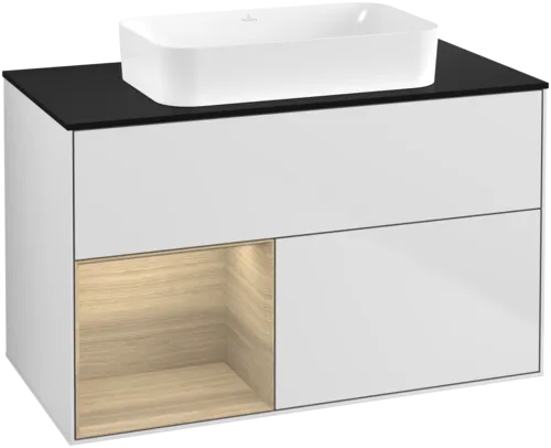 VILLEROY BOCH Toaletní skříňka Finion, s osvětlením, 2 výsuvy, 1000 x 603 x 501 mm, bílý matný lak / dubová dýha / černé matné sklo #F652PCMT