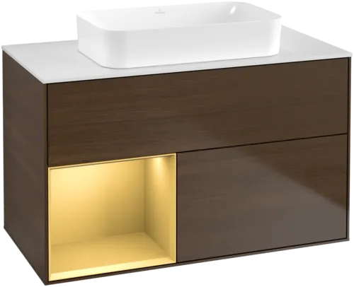 VILLEROY BOCH Toaletní stolek Finion, s osvětlením, 2 výsuvy, 1000 x 603 x 501 mm, ořechová dýha / zlatý matný lak / sklo bílé matné #F651HFGN