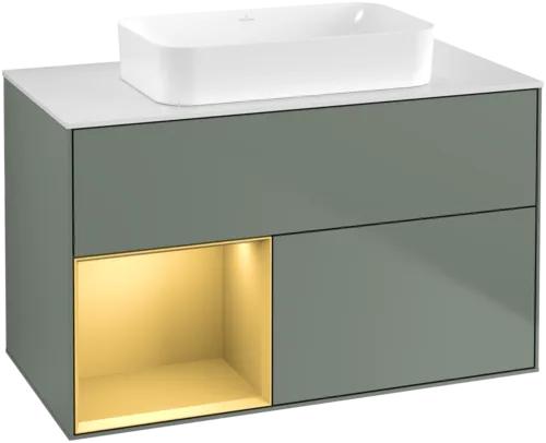 VILLEROY BOCH Toaletní skříňka Finion, s osvětlením, 2 výsuvy, 1000 x 603 x 501 mm, olivový matný lak / zlatý matný lak / bílé matné sklo #F651HFGM