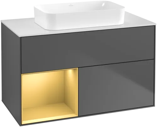 VILLEROY BOCH Toaletní skříňka Finion, s osvětlením, 2 výsuvy, 1000 x 603 x 501 mm, antracitový matný lak / zlatý matný lak / bílé matné sklo #F651HFGK