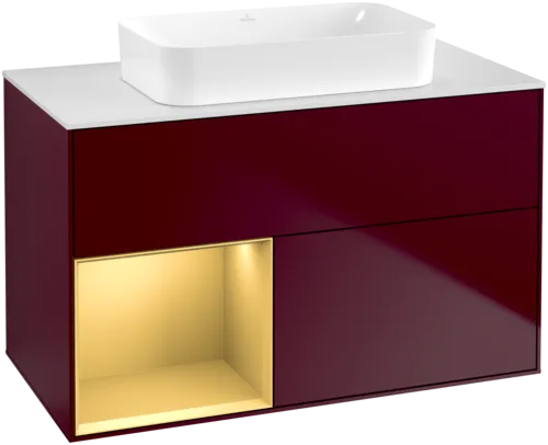 VILLEROY BOCH Toaletní skříňka Finion, s osvětlením, 2 výsuvy, 1000 x 603 x 501 mm, Peony Matt Lacquer / Gold Matt Lacquer / Glass White Matt #F651HFHB