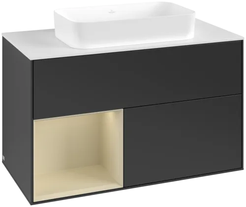 VILLEROY BOCH Toaletní skříňka Finion, s osvětlením, 2 výsuvy, 1000 x 603 x 501 mm, černý matný lak / hedvábně šedý matný lak / bílé matné sklo #F651HJPD