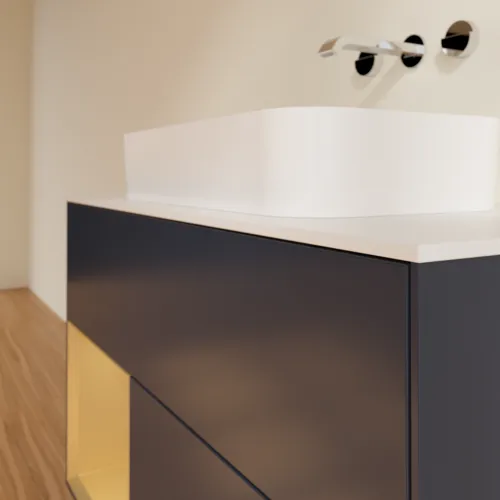 VILLEROY BOCH Toaletní skříňka Finion, s osvětlením, 2 výsuvy, 1000 x 603 x 501 mm, Midnight Blue Matt Lacquer / Gold Matt Lacquer / Glass White Matt #F651HFHG, obrázek 6