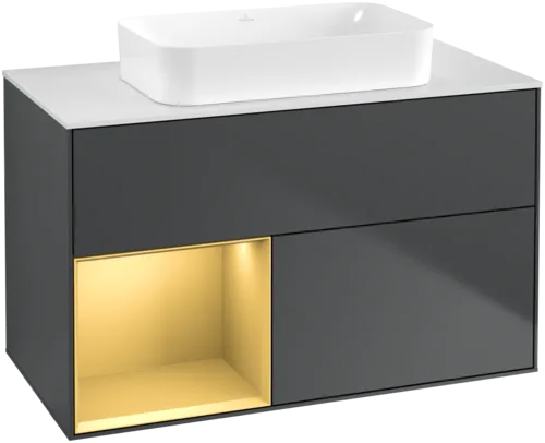 VILLEROY BOCH Toaletní skříňka Finion, s osvětlením, 2 výsuvy, 1000 x 603 x 501 mm, Midnight Blue Matt Lacquer / Gold Matt Lacquer / Glass White Matt #F651HFHG