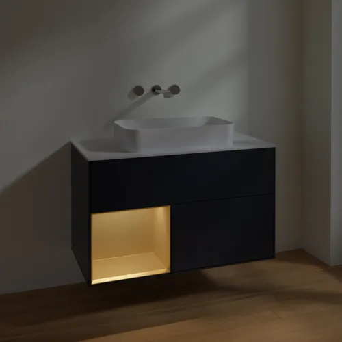 VILLEROY BOCH Toaletní skříňka Finion, s osvětlením, 2 výsuvy, 1000 x 603 x 501 mm, Midnight Blue Matt Lacquer / Gold Matt Lacquer / Glass White Matt #F651HFHG, obrázek 5