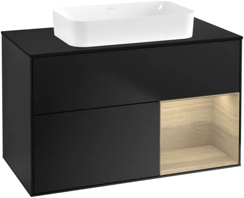 VILLEROY BOCH Toaletní skříňka Finion, s osvětlením, 2 výsuvy, 1000 x 603 x 501 mm, černý matný lak / dubová dýha / černé matné sklo #F662PCPD