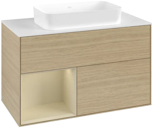 VILLEROY BOCH Toaletní stolek Finion, s osvětlením, 2 výsuvy, 1000 x 603 x 501 mm, dubová dýha / hedvábně šedý matný lak / sklo bílé matné #F651HJPC