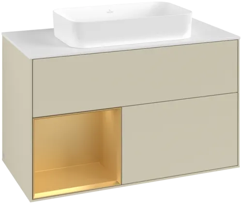 VILLEROY BOCH Toaletní skříňka Finion, s osvětlením, 2 výsuvy, 1000 x 603 x 501 mm, Silk Grey Matt Lacquer / Gold Matt Lacquer / Glass White Matt #F651HFHJ