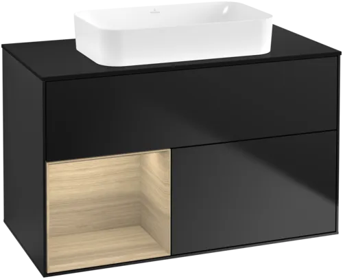 VILLEROY BOCH Toaletní skříňka Finion, s osvětlením, 2 výsuvy, 1000 x 603 x 501 mm, černý matný lak / dubová dýha / černé matné sklo #F652PCPD