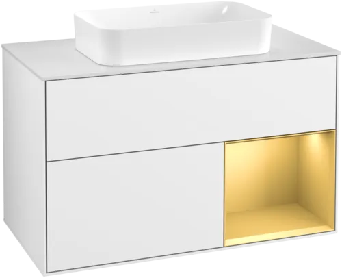 VILLEROY BOCH Toaletní skříňka Finion, s osvětlením, 2 výsuvy, 1000 x 603 x 501 mm, lesklý bílý lak / zlatý matný lak / bílé matné sklo #F661HFGF