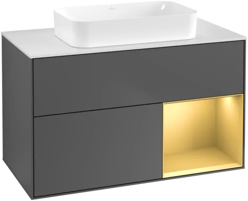 VILLEROY BOCH Toaletní skříňka Finion, s osvětlením, 2 výsuvy, 1000 x 603 x 501 mm, antracitový matný lak / zlatý matný lak / bílé matné sklo #F661HFGK
