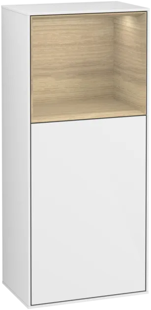 VILLEROY BOCH Boční skříňka Finion, s osvětlením, 1 dvířka, 418 x 936 x 270 mm, lesklý bílý lak / dubová dýha #F500PCGF