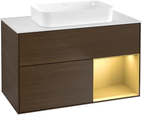 VILLEROY BOCH Toaletní stolek Finion, s osvětlením, 2 výsuvy, 1000 x 603 x 501 mm, ořechová dýha / zlatý matný lak / sklo bílé matné #F661HFGN
