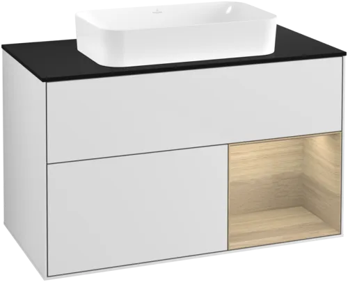VILLEROY BOCH Toaletní skříňka Finion, s osvětlením, 2 výsuvy, 1000 x 603 x 501 mm, bílý matný lak / dubová dýha / černé matné sklo #F662PCMT