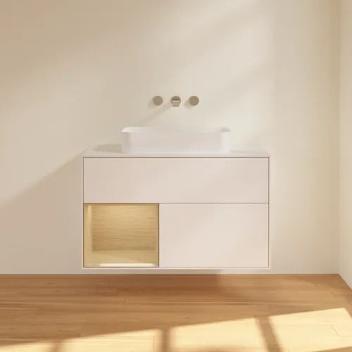 VILLEROY BOCH Toaletní skříňka Finion, s osvětlením, 2 výsuvy, 1000 x 603 x 501 mm, bílý matný lak / dubová dýha / sklo bílé matné #F651PCMT, obrázek 3