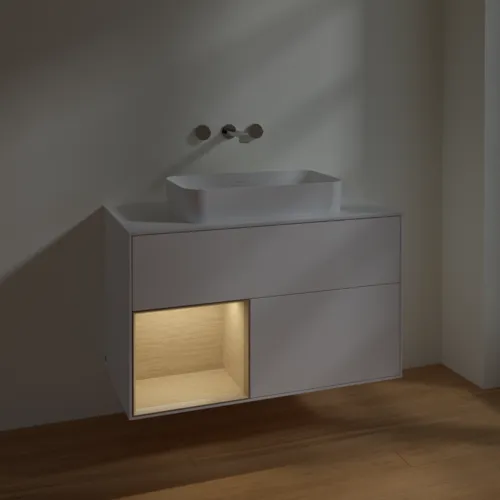 VILLEROY BOCH Toaletní skříňka Finion, s osvětlením, 2 výsuvy, 1000 x 603 x 501 mm, bílý matný lak / dubová dýha / sklo bílé matné #F651PCMT, obrázek 5