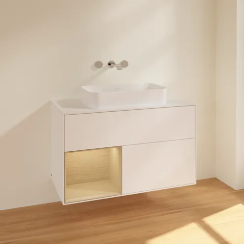 VILLEROY BOCH Toaletní skříňka Finion, s osvětlením, 2 výsuvy, 1000 x 603 x 501 mm, bílý matný lak / dubová dýha / sklo bílé matné #F651PCMT, obrázek 2
