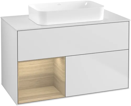 VILLEROY BOCH Toaletní skříňka Finion, s osvětlením, 2 výsuvy, 1000 x 603 x 501 mm, bílý matný lak / dubová dýha / sklo bílé matné #F651PCMT