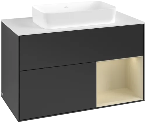 VILLEROY BOCH Toaletní skříňka Finion, s osvětlením, 2 výsuvy, 1000 x 603 x 501 mm, černý matný lak / hedvábně šedý matný lak / bílé matné sklo #F661HJPD