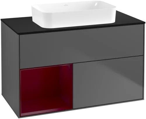 VILLEROY BOCH Toaletní skříňka Finion, s osvětlením, 2 výsuvy, 1000 x 603 x 501 mm, antracitový matný lak / pivoňkový matný lak / černé matné sklo #F652HBGK