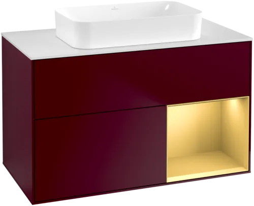 VILLEROY BOCH Toaletní skříňka Finion, s osvětlením, 2 výsuvy, 1000 x 603 x 501 mm, Peony Matt Lacquer / Gold Matt Lacquer / Glass White Matt #F661HFHB