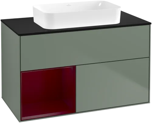 VILLEROY BOCH Toaletní skříňka Finion, s osvětlením, 2 výsuvy, 1000 x 603 x 501 mm, olivový matný lak / pivoňkový matný lak / černé matné sklo #F652HBGM