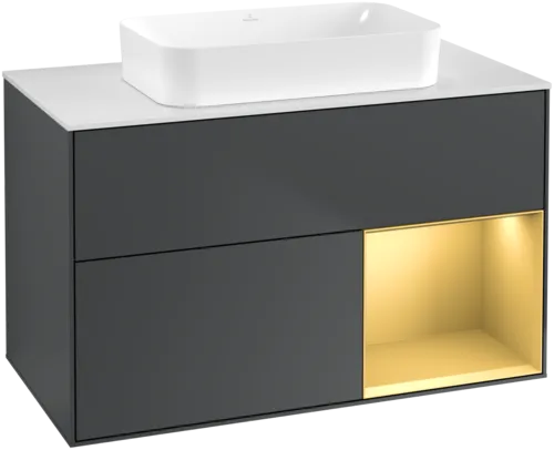 VILLEROY BOCH Toaletní skříňka Finion, s osvětlením, 2 výsuvy, 1000 x 603 x 501 mm, Midnight Blue Matt Lacquer / Gold Matt Lacquer / Glass White Matt #F661HFHG